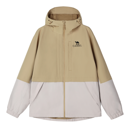 Men's tan and off-white colorblock windbreaker with hood and full-zip front