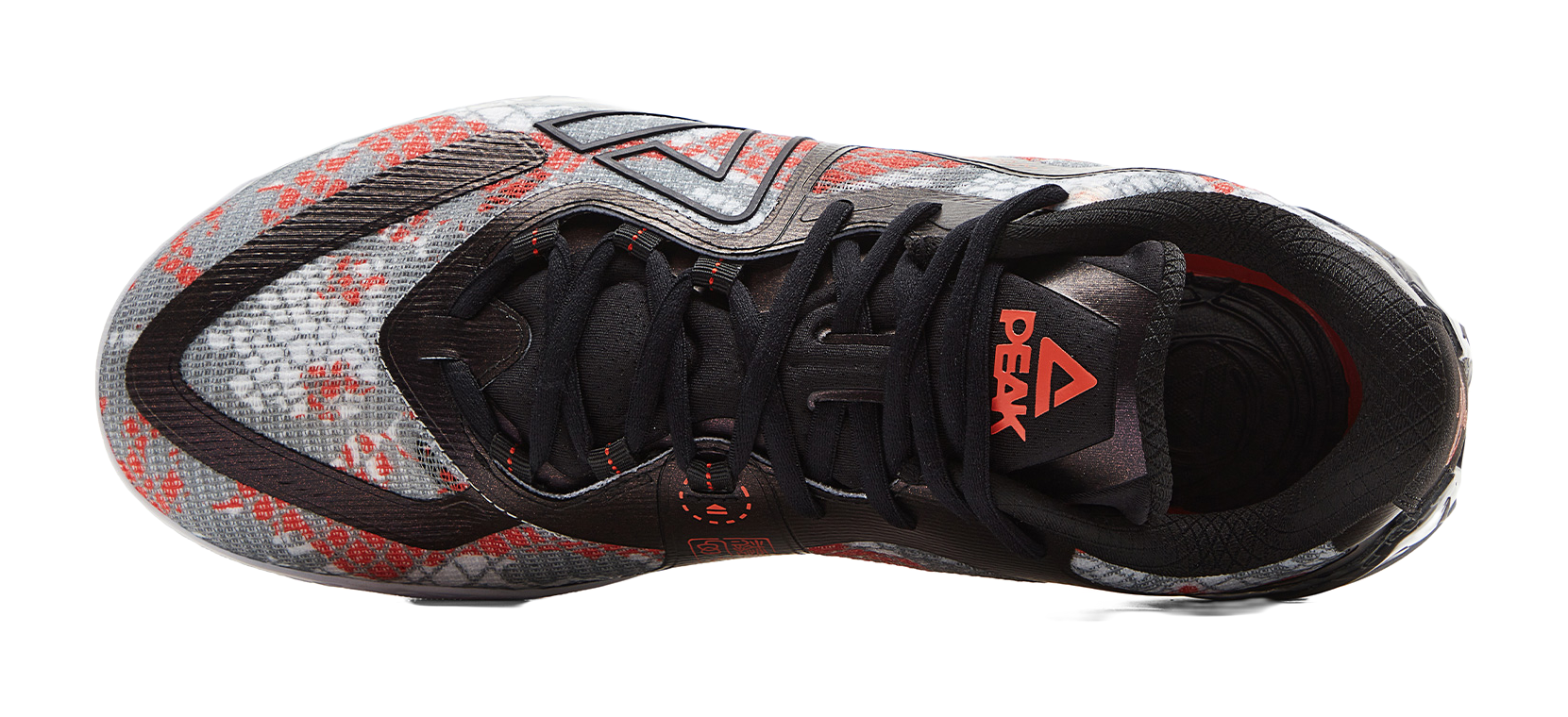 Basketball shoe upper with black lace-up closure and red graphic on tongue