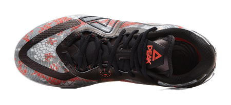 Basketball shoe upper with black lace-up closure and red graphic on tongue