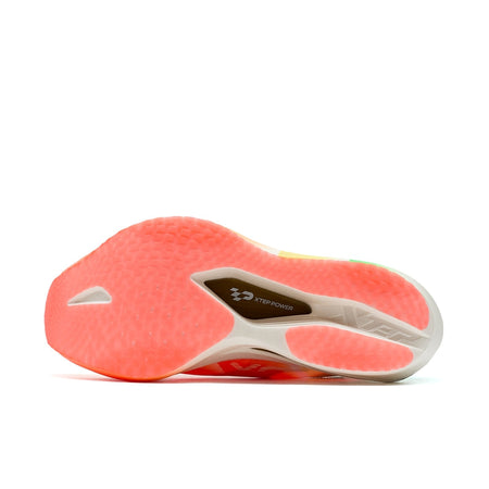Marathon racing shoe outsole in coral orange with X-shaped tread and white sidewall
