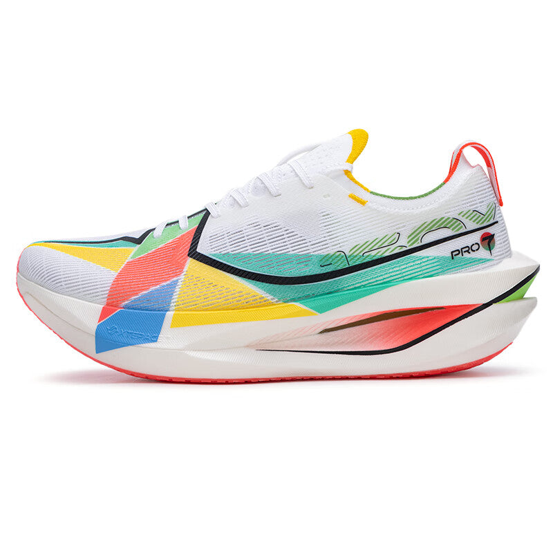 Xtep marathon racing shoe with white upper and multicolor geometric panels, green trim.
