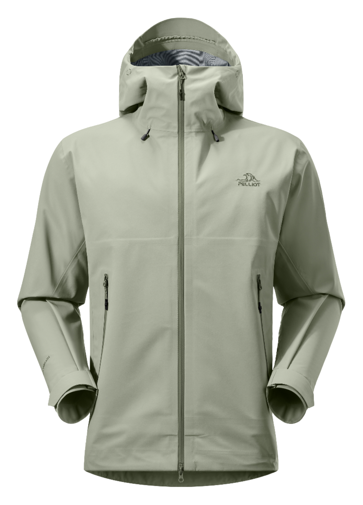 Unisex hard shell windbreaker jacket in light olive green with hood and full front zipper