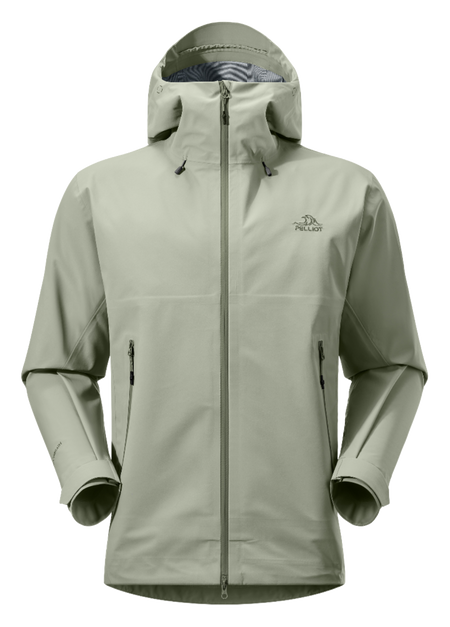 Unisex hard shell windbreaker jacket in light olive green with hood and full front zipper