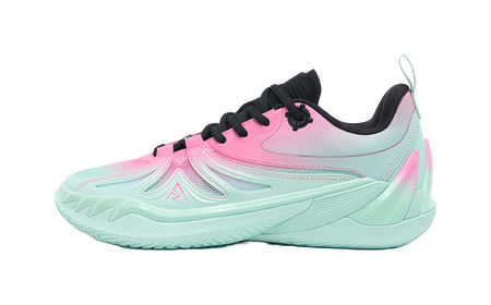 Low-cut basketball shoes in rose pink and mint with black laces and grippy sole