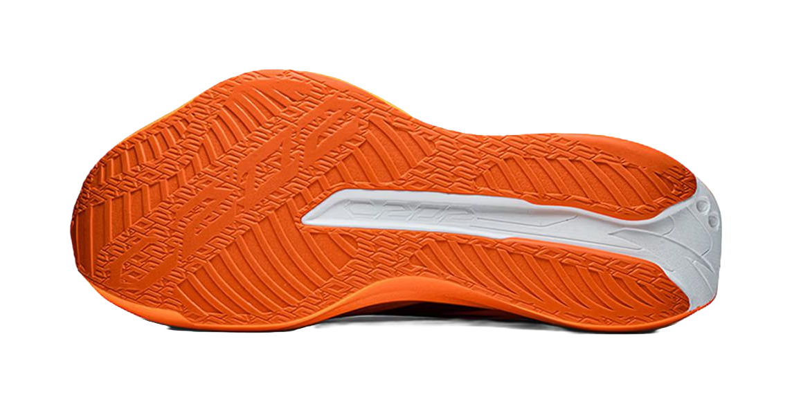 Orange running shoe outsole with textured tread and white heel traction panel.