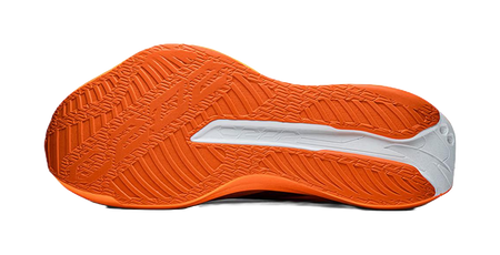 Orange running shoe outsole with textured tread and white heel traction panel.