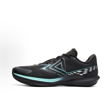 Black basketball shoe with teal accents, checkered stripe, and lace-up front