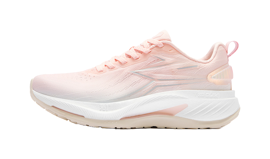 Women's low-top running shoes in pink and white, lace-up with knit mesh upper
