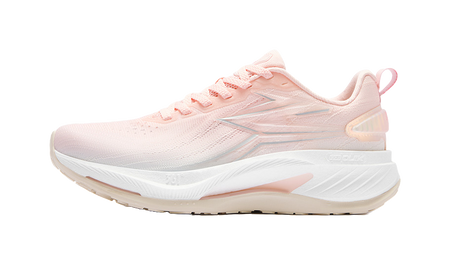 Women's low-top running shoes in pink and white, lace-up with knit mesh upper