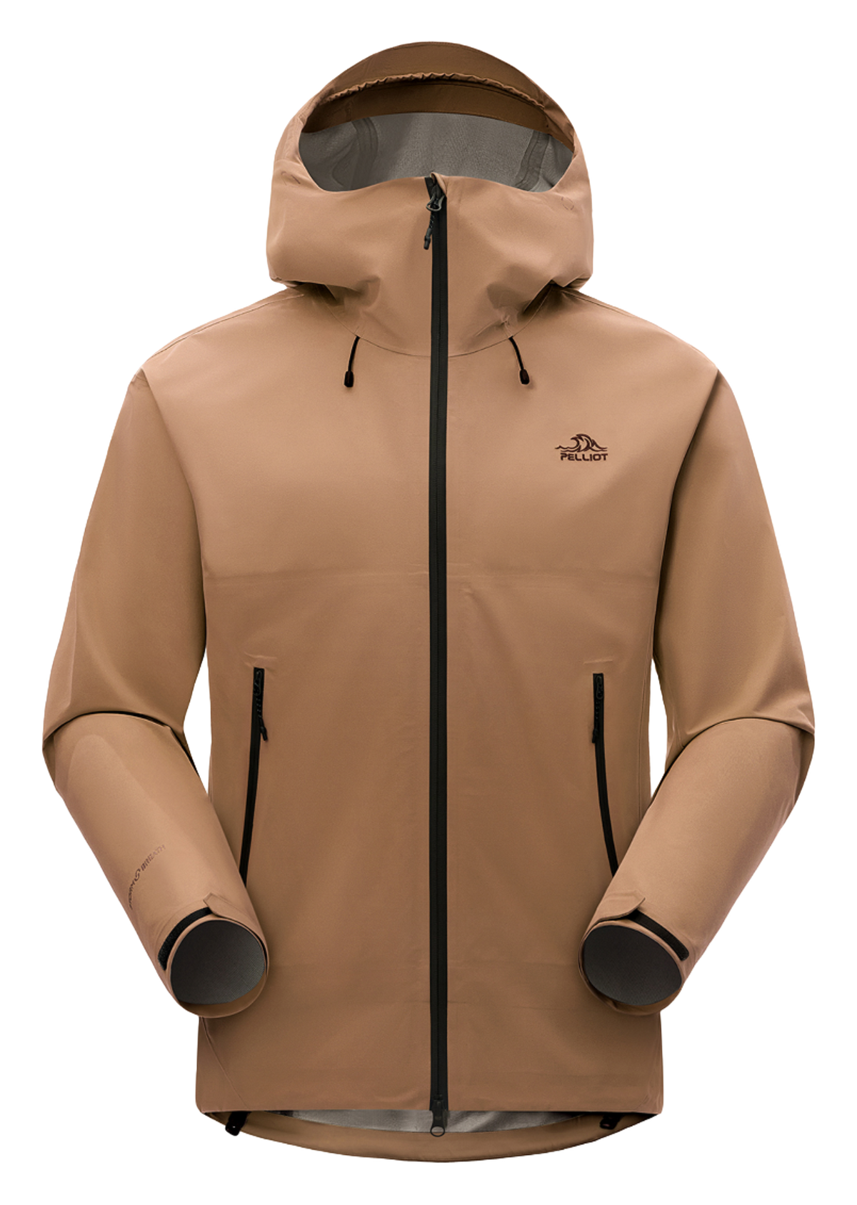Unisex hard shell windbreaker jacket in tan with hood and full front zipper