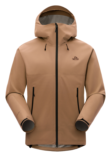 Unisex hard shell windbreaker jacket in tan with hood and full front zipper