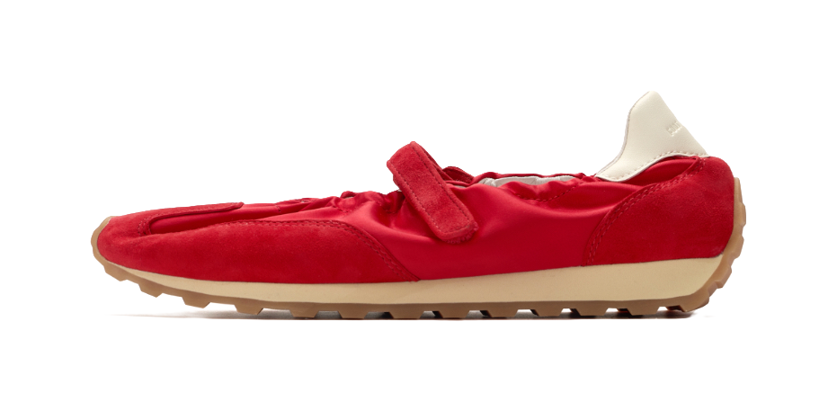 Women's red Mary Jane shoes, hook-and-loop strap, tan rubber sole