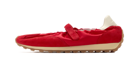 Women's red Mary Jane shoes, hook-and-loop strap, tan rubber sole