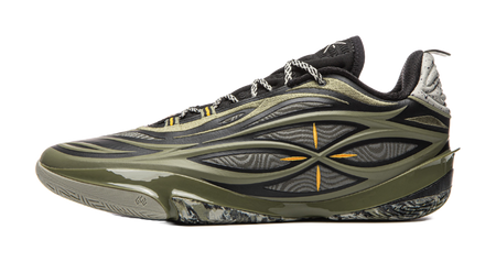 Basketball shoe with olive-green and black upper, lace-up design, orange accents