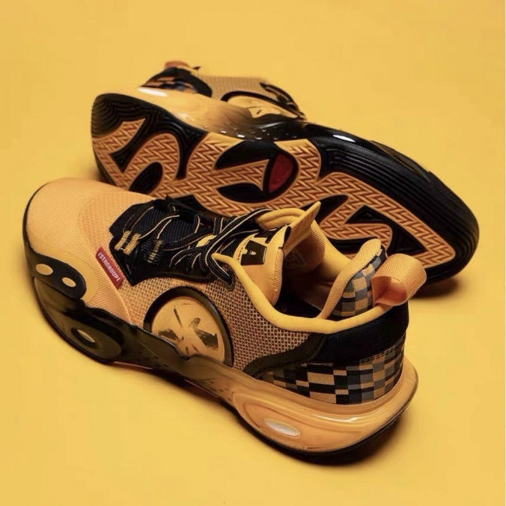 Li-Ning basketball shoe, rear view with yellow upper, black trim, and patterned outsole tread