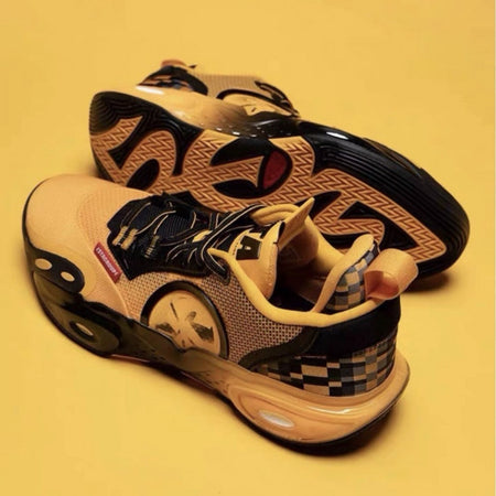 Li-Ning basketball shoe, rear view with yellow upper, black trim, and patterned outsole tread