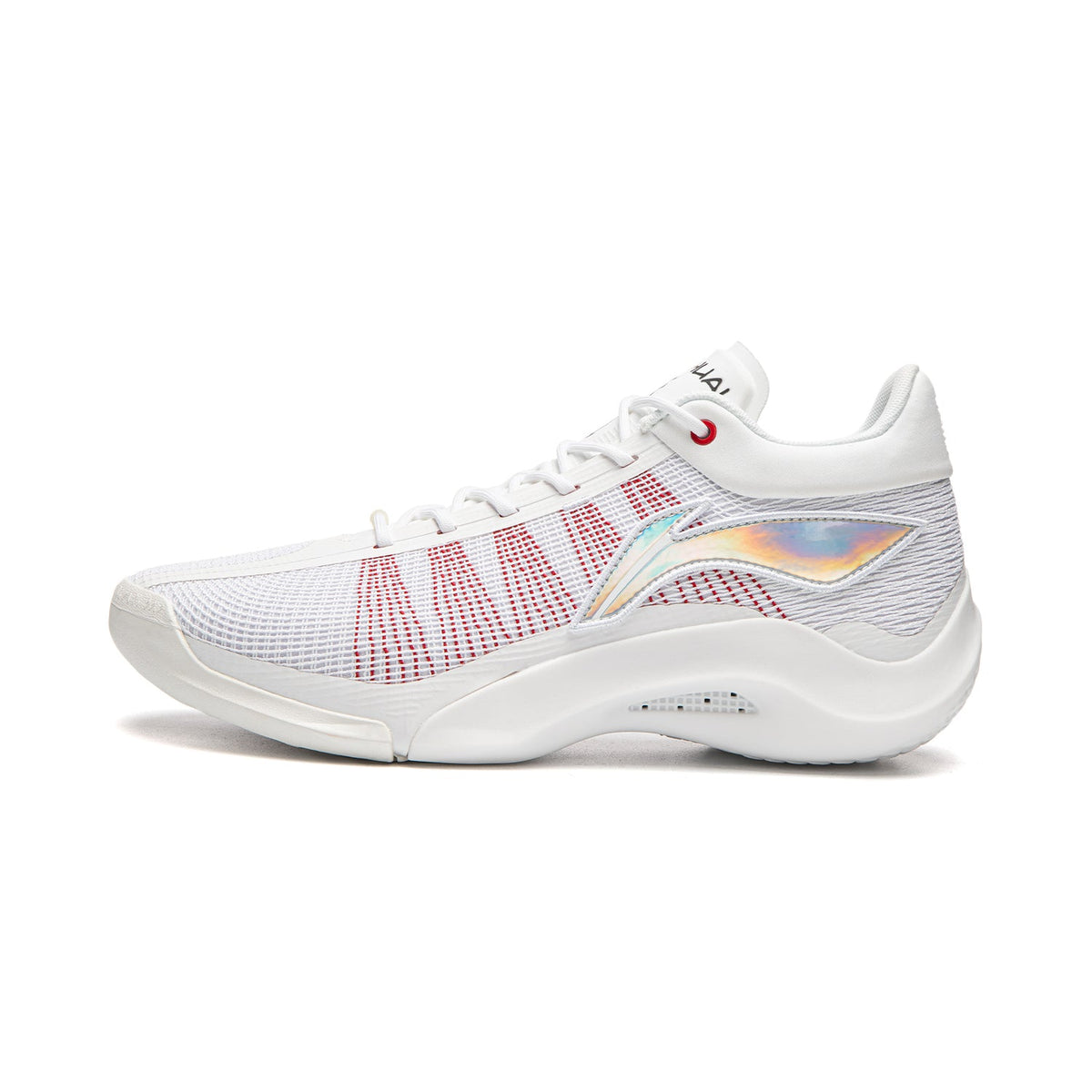 Men's basketball shoes, white mesh with red grid overlay and cushioned midsole