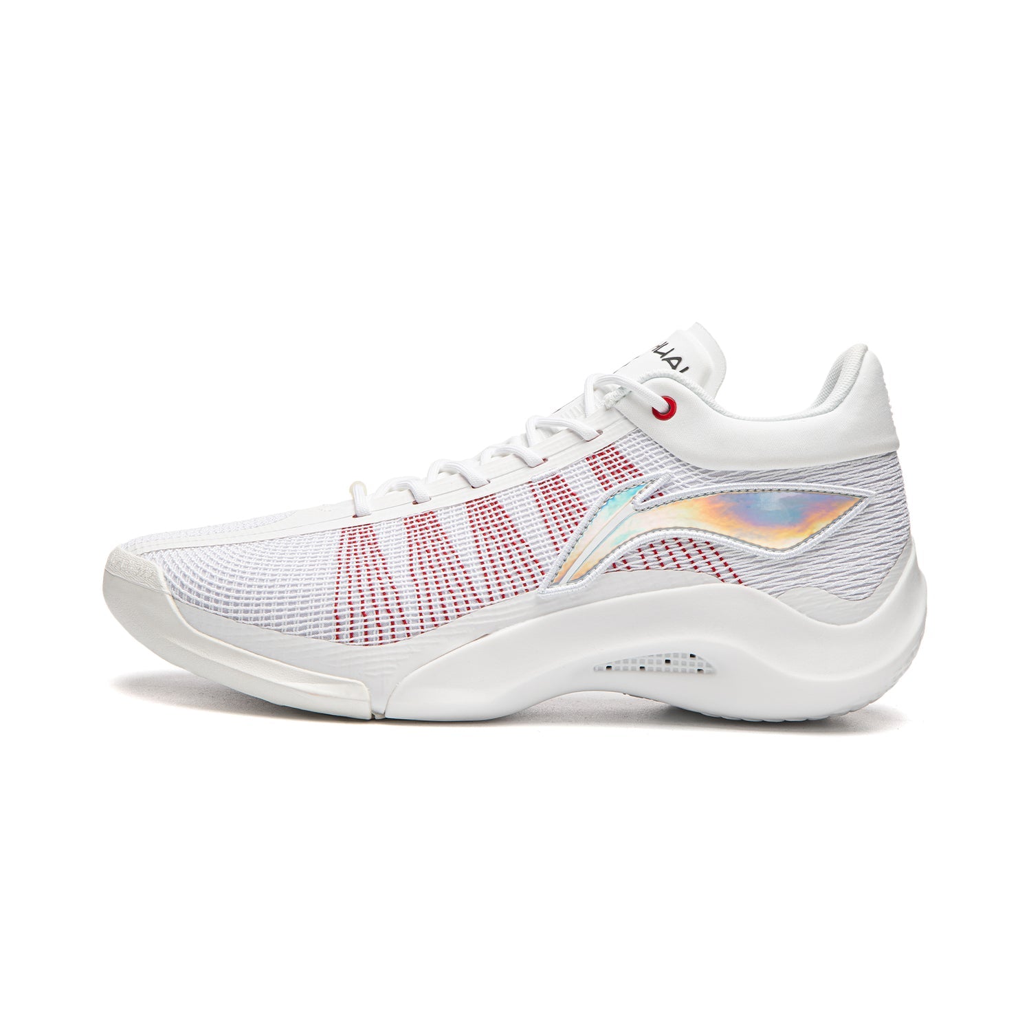 Men's basketball shoes, white mesh with red grid overlay and cushioned midsole