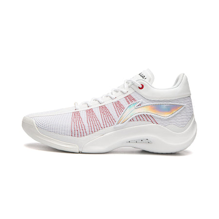 Men's basketball shoes, white mesh with red grid overlay and cushioned midsole