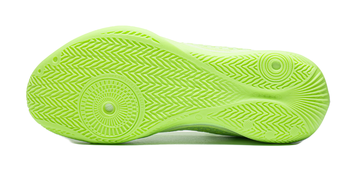 Fluorescent ice green basketball shoe outsole, tread pattern view