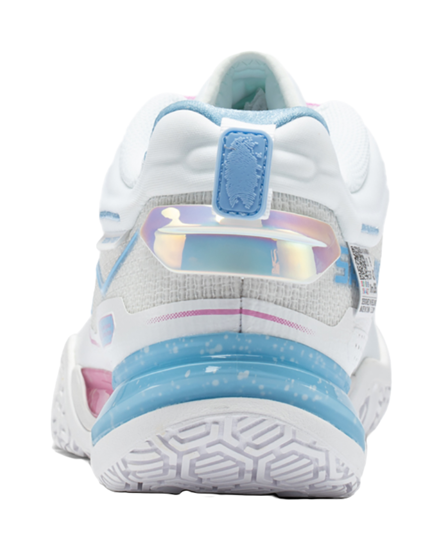 White badminton shoe heel with blue strap detail and translucent blue sole edge