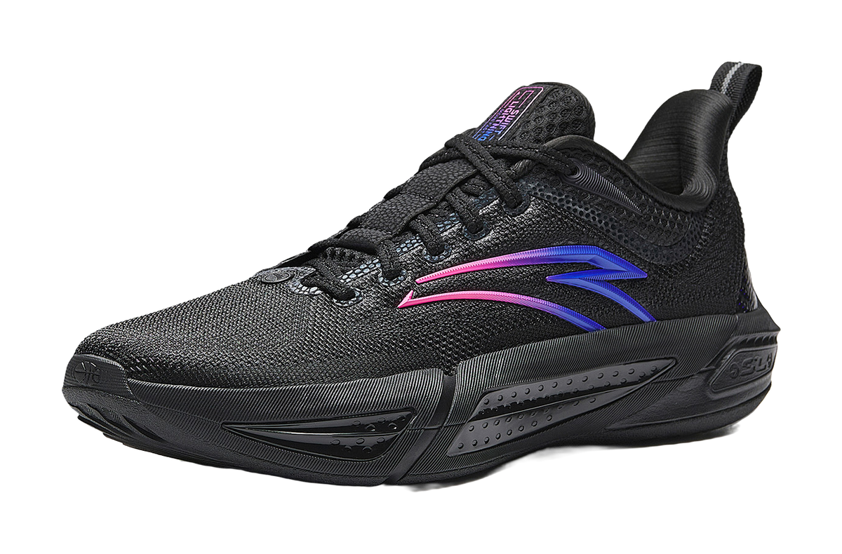 Black low-top basketball shoe with pink and blue side stripes, textured upper