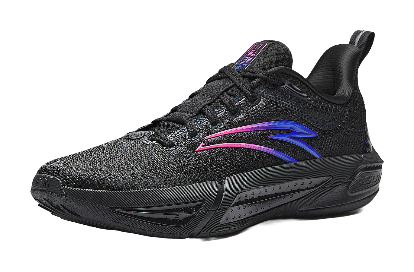 Black low-top basketball shoe with pink and blue side stripes, textured upper
