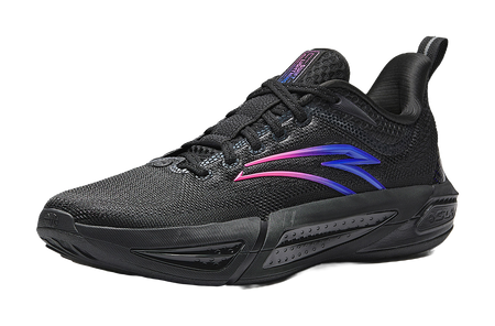Black low-top basketball shoe with pink and blue side stripes, textured upper