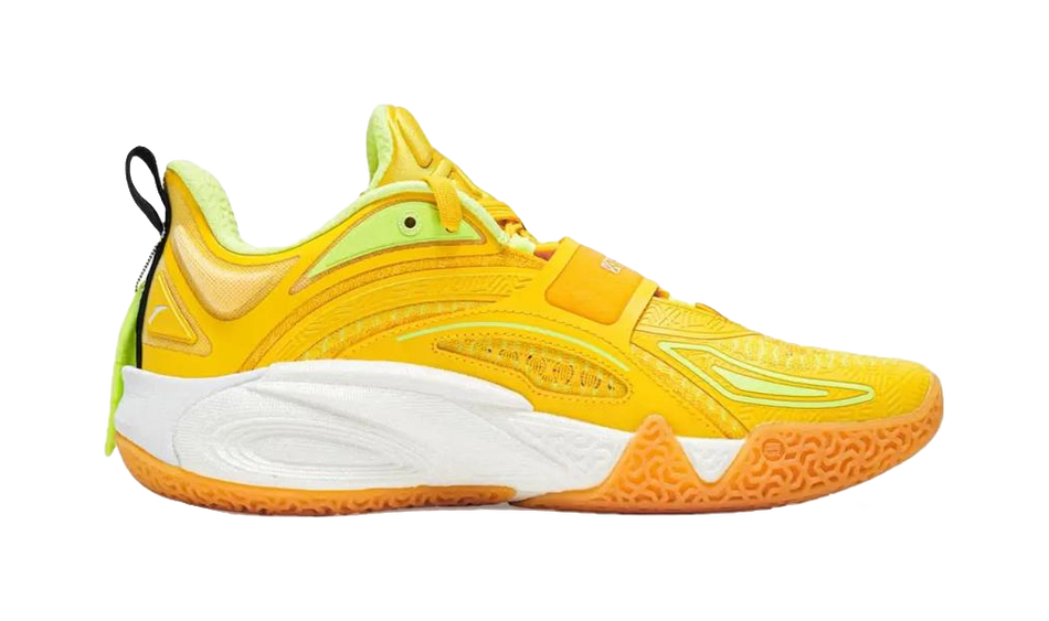 Neon yellow basketball shoe with white midsole, teal and lime panels, lace-up.