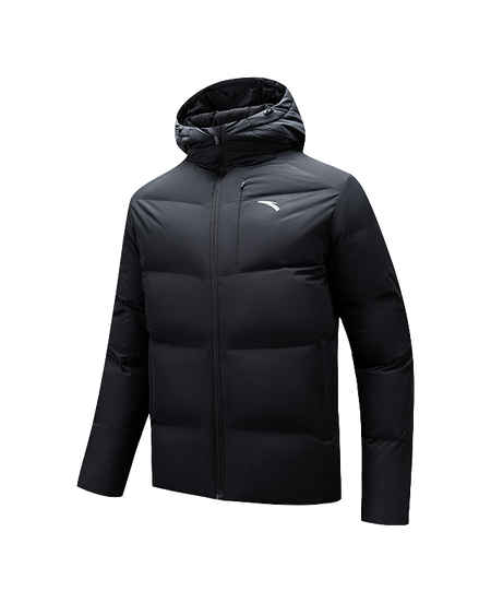 Men's black hooded down jacket, full-zip front and baffle quilting