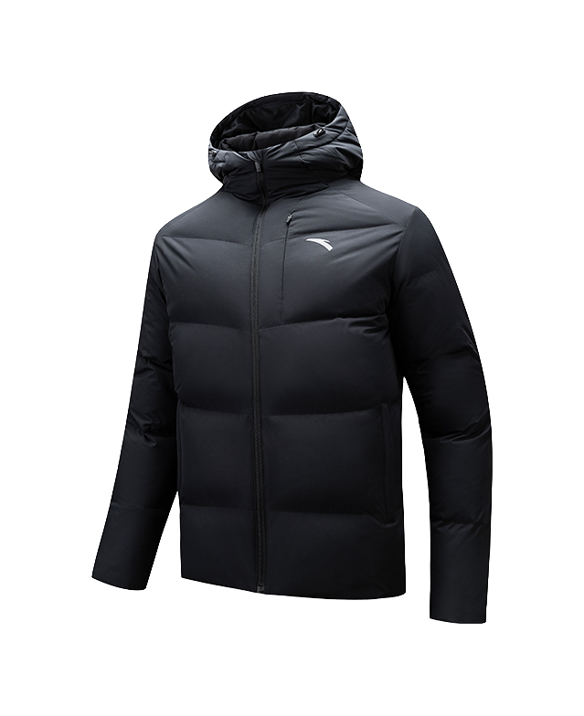 Men's black hooded down jacket, full-zip front and baffle quilting