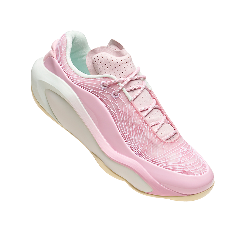 Men's bubble gum pink basketball shoe with mint collar detail, lace-up
