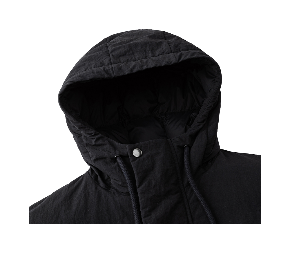 Black hooded down jacket with adjustable drawstring and metal snap.