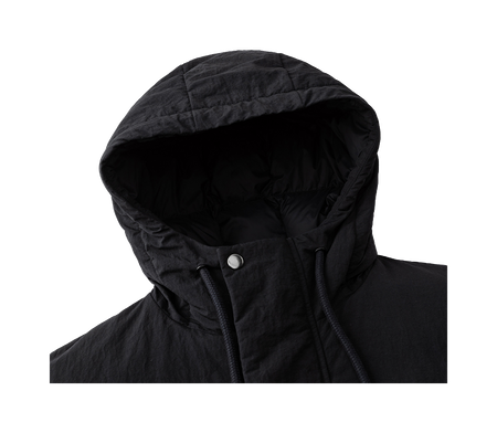 Black hooded down jacket with adjustable drawstring and metal snap.