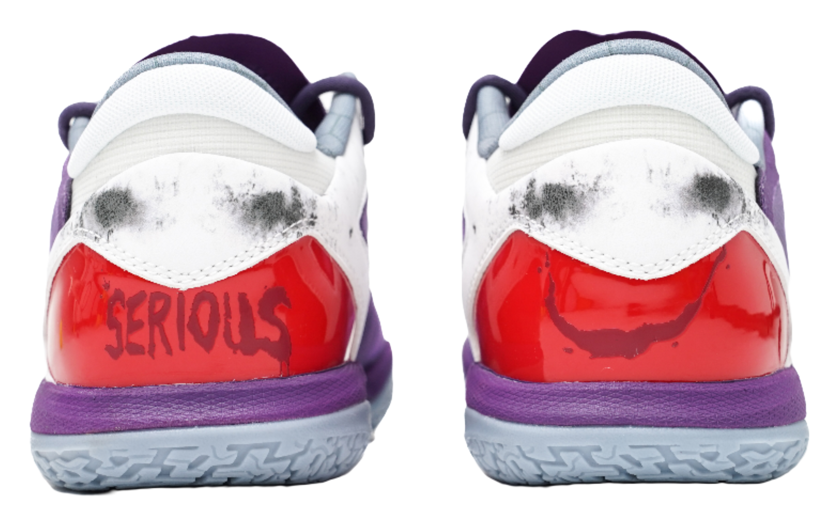 Purple basketball shoes with white heel collar and glossy red heel patch