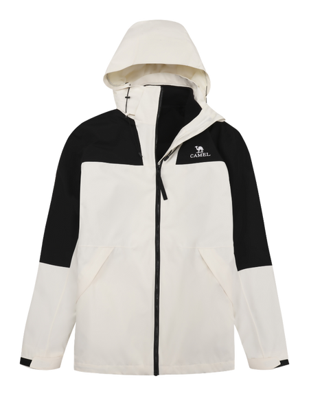 Colorblock windbreaker jacket with hood, full zip, white body with black shoulder panels, CAMEL logo.