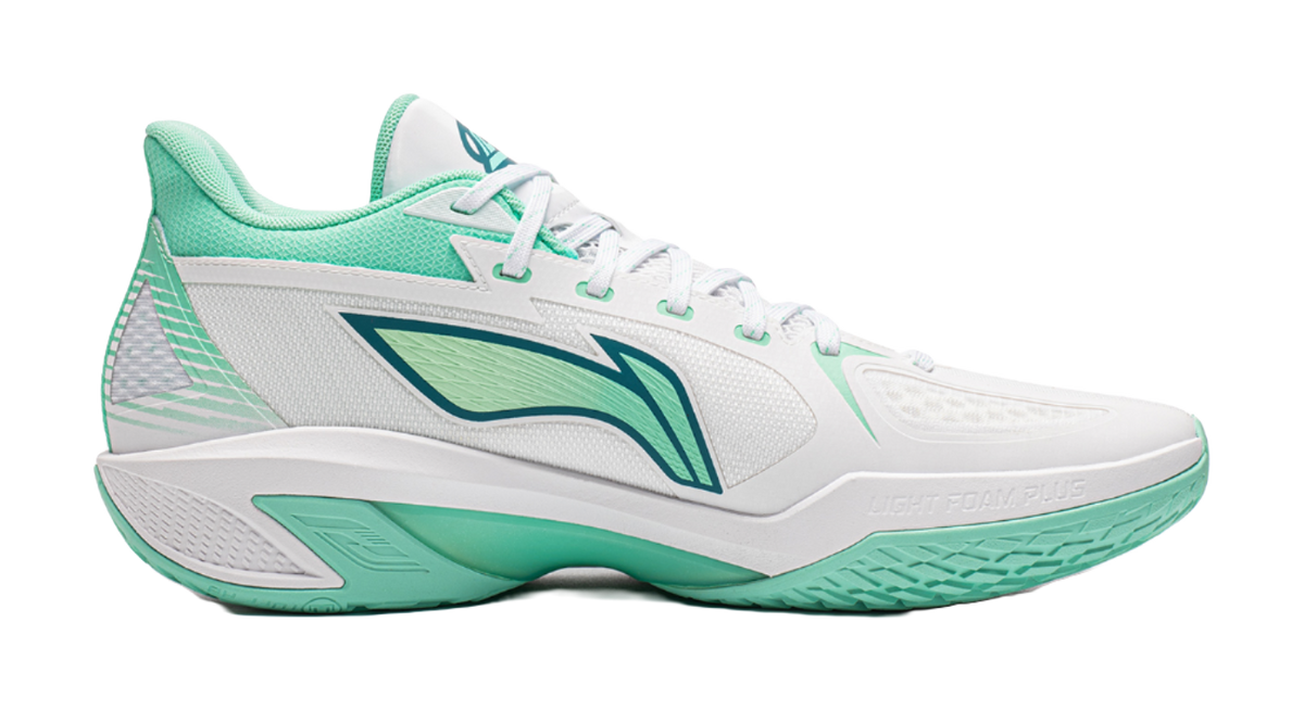 Low-top basketball shoes, white upper with ice cyan side panel and lace-up closure