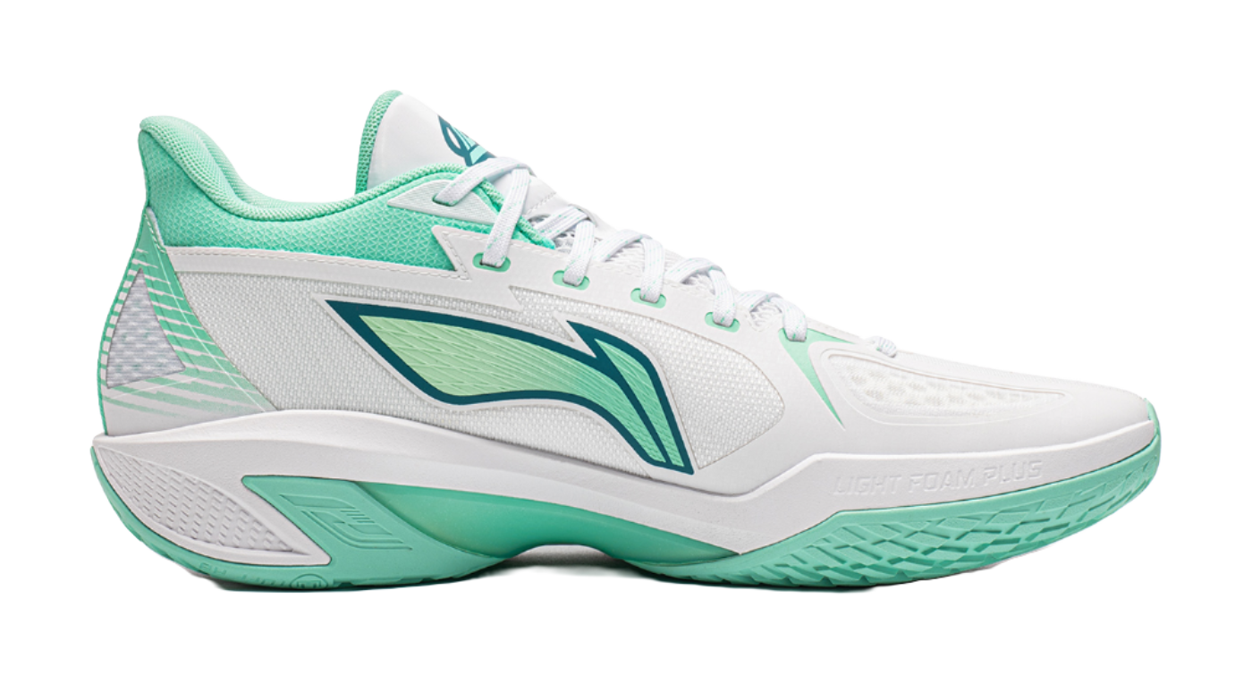Low-top basketball shoes, white upper with ice cyan side panel and lace-up closure