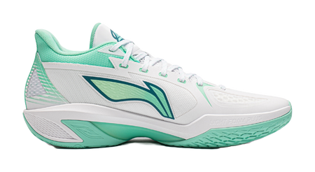 Low-top basketball shoes, white upper with ice cyan side panel and lace-up closure