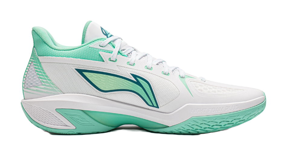Low-top basketball shoes, white upper with ice cyan side panel and lace-up closure