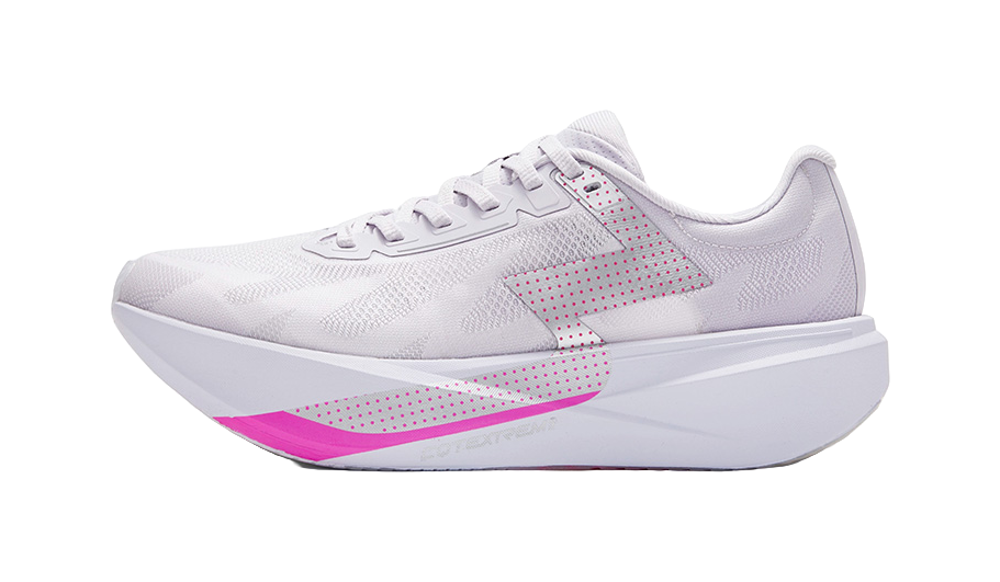 Low running shoe with white knit upper, pink side stripe, and lace-up front