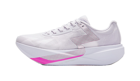 Low running shoe with white knit upper, pink side stripe, and lace-up front