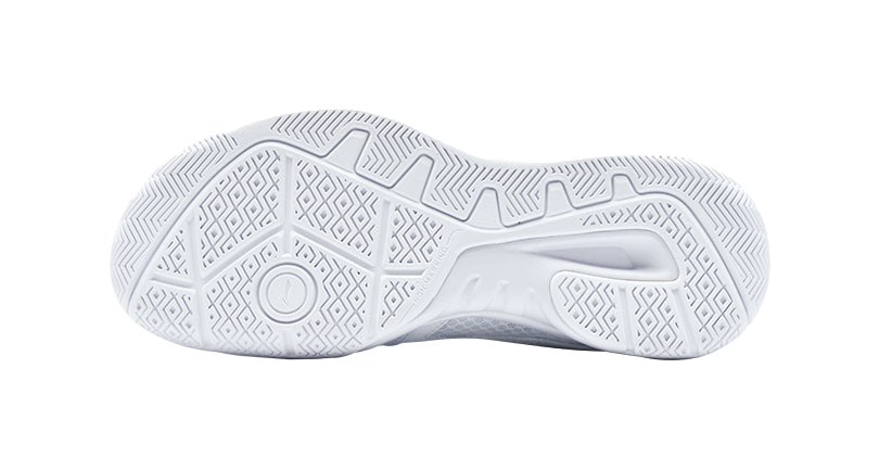 White badminton shoe outsole with patterned traction and textured sole edge.