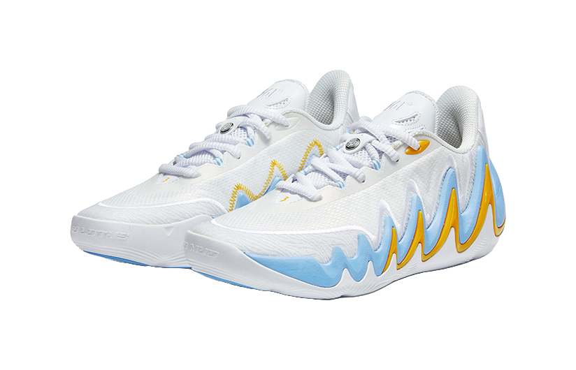 Pair of men's low-top basketball shoes, white with blue and yellow zigzag trim