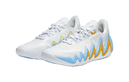 Pair of men's low-top basketball shoes, white with blue and yellow zigzag trim
