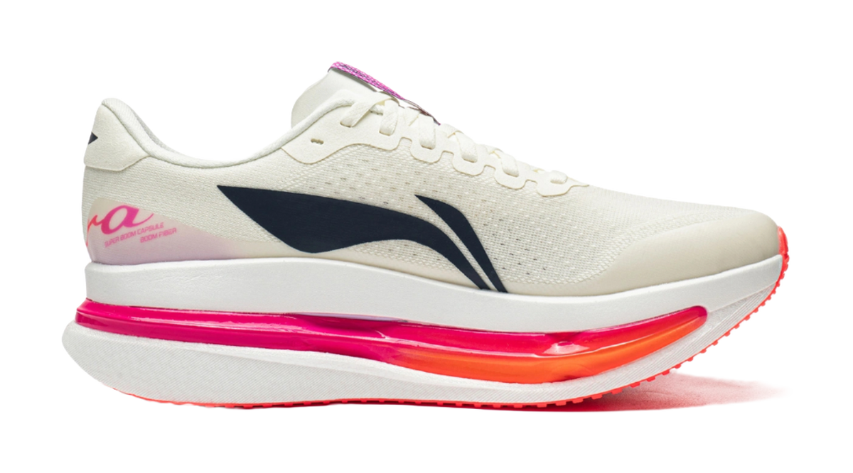 Men's low-top running shoes, white knit upper with navy logo and bright pink midsole