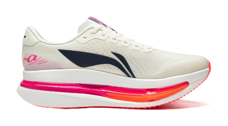 Men's low-top running shoes, white knit upper with navy logo and bright pink midsole