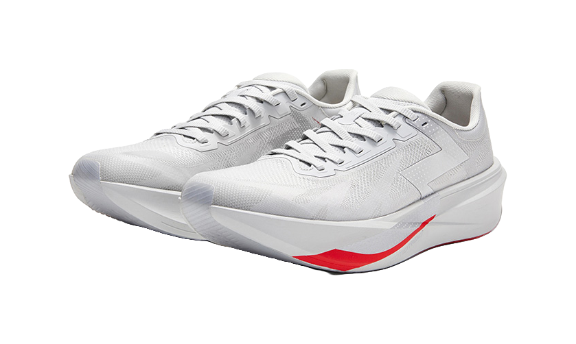 Gray lace-up low running shoe pair view, red accent trim, cushioned sole