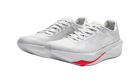 Gray lace-up low running shoe pair view, red accent trim, cushioned sole