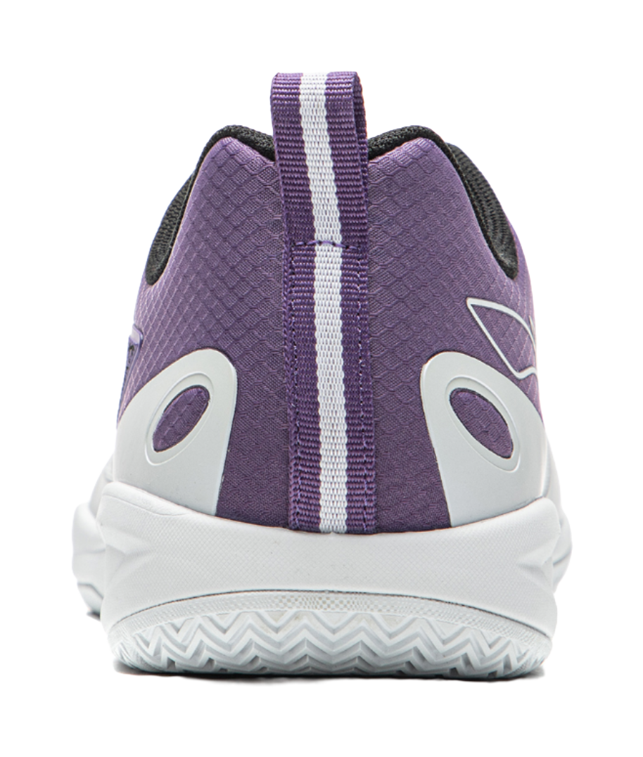 Purple heel of a white and purple table tennis shoe with striped pull tab